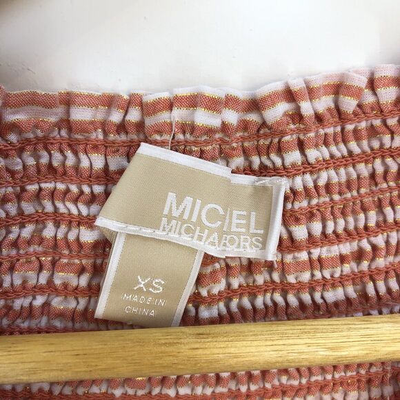 MICHAEL Kors Top XSMALL Cerise Pink White Candy Striped Off-Shoulder Designer - Picture 5 of 7